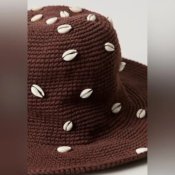 NWT Free People Wyeth Brand Seashell 🐚 Cove Bucket Hat in Chocolate Cotton Knit - Picture 2 of 6
